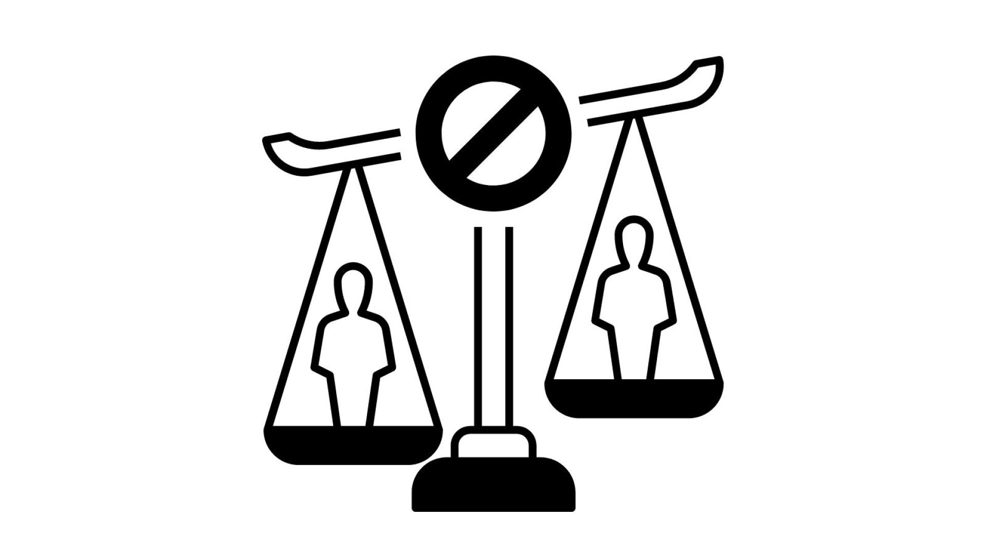 Graphic of scales with a person on either scale, it is being tipped on one side