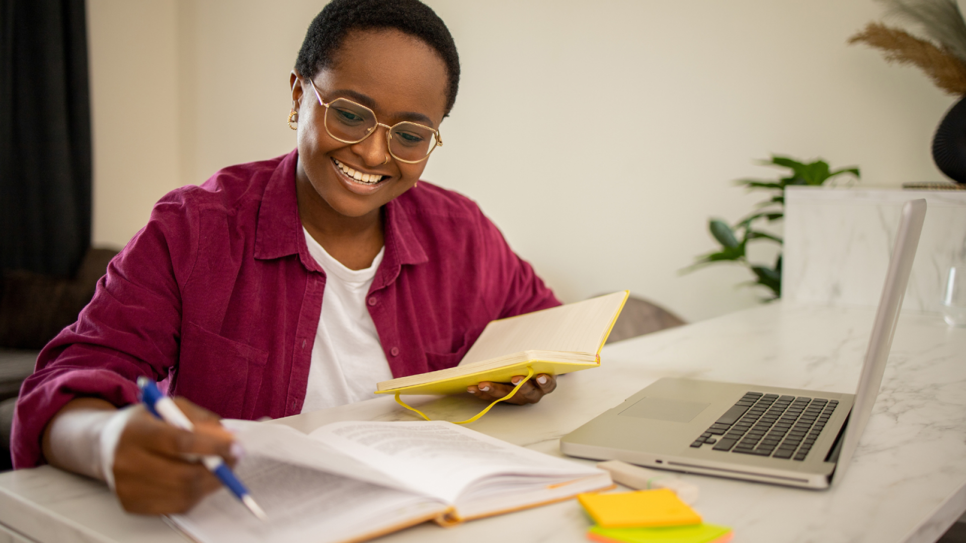 Person at computer smiling